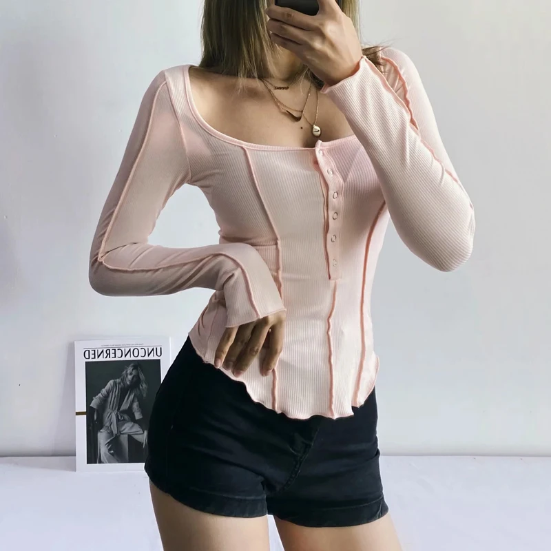 2022 New Spring Womens Exposed Seam Long-sleeved Square Neckline Stitching Wood Ears Single-breasted Slim Ladies T-shirt Top