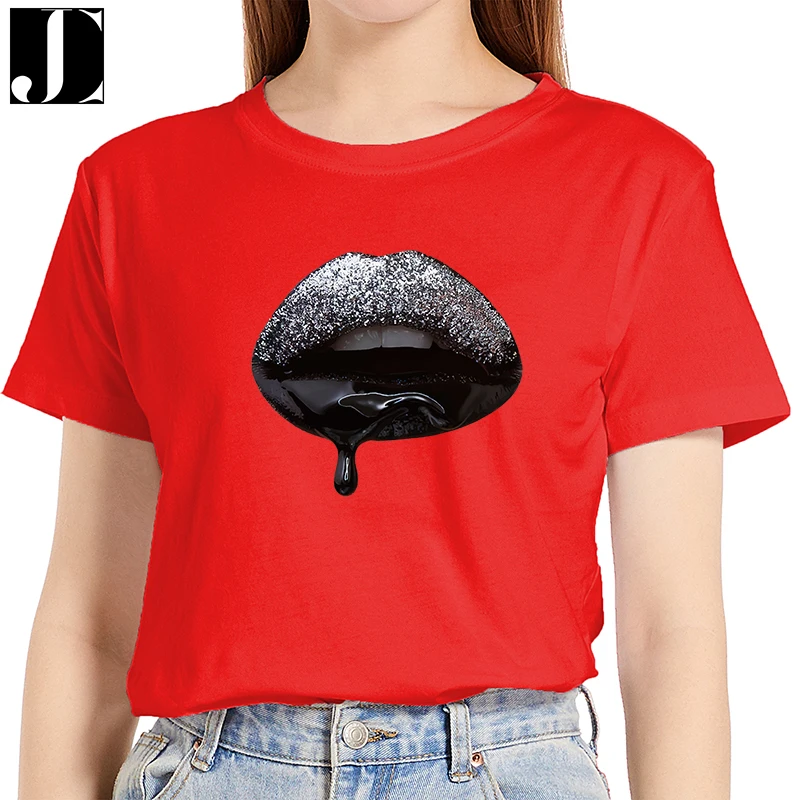 

Casual Women Summer Daily Graphic T-shirt Female 100% Cotton Fashion Short Sleeve Black Lip Print Ladies Regular O-Neck Tee Tops
