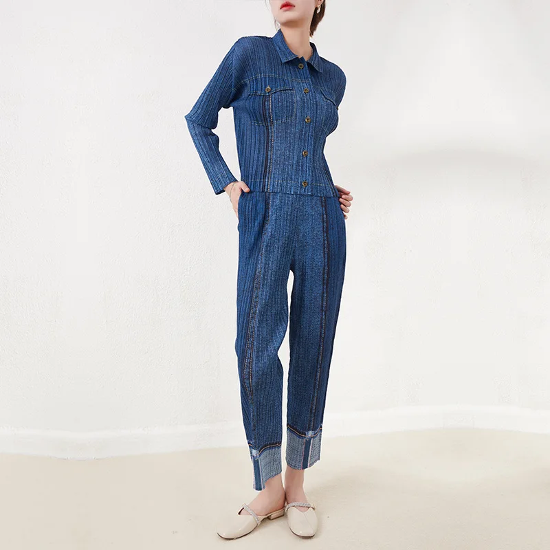 Miyake pleated women's tooling denim straight pants suit spring and autumn shirt women's temperament high-quality two-piece set