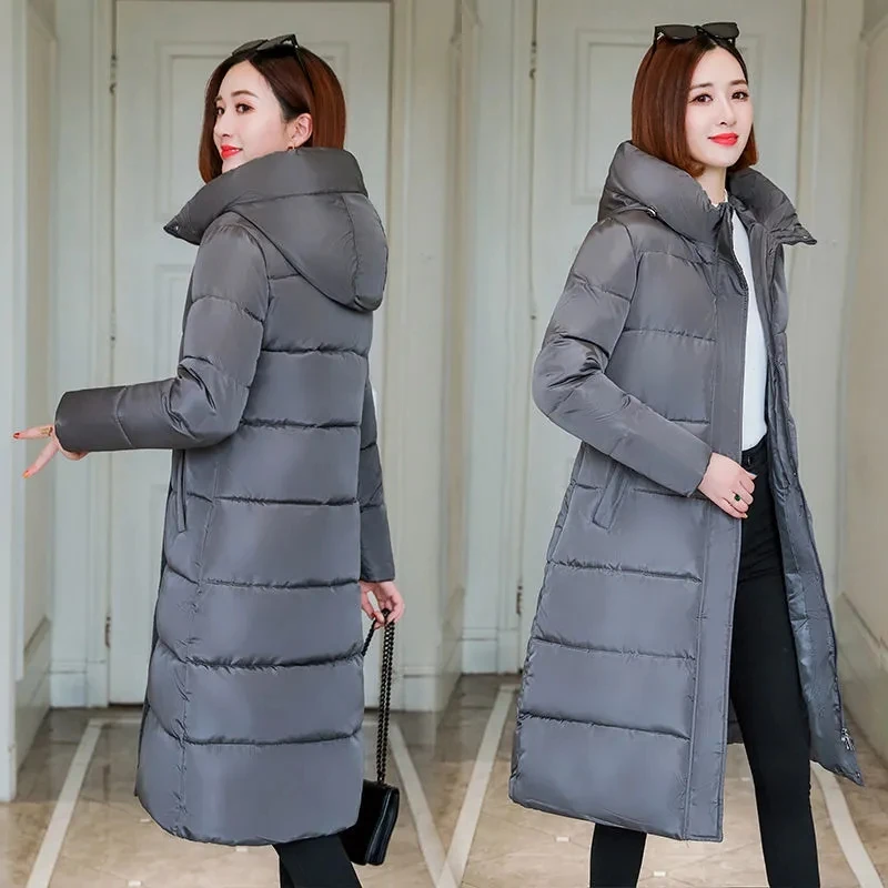 Parkas Women 2022 Winter New Korean Slim All-match Casual  Padded Jacket Female Hooded Thick Warm Long Over Knee Cotton Coat