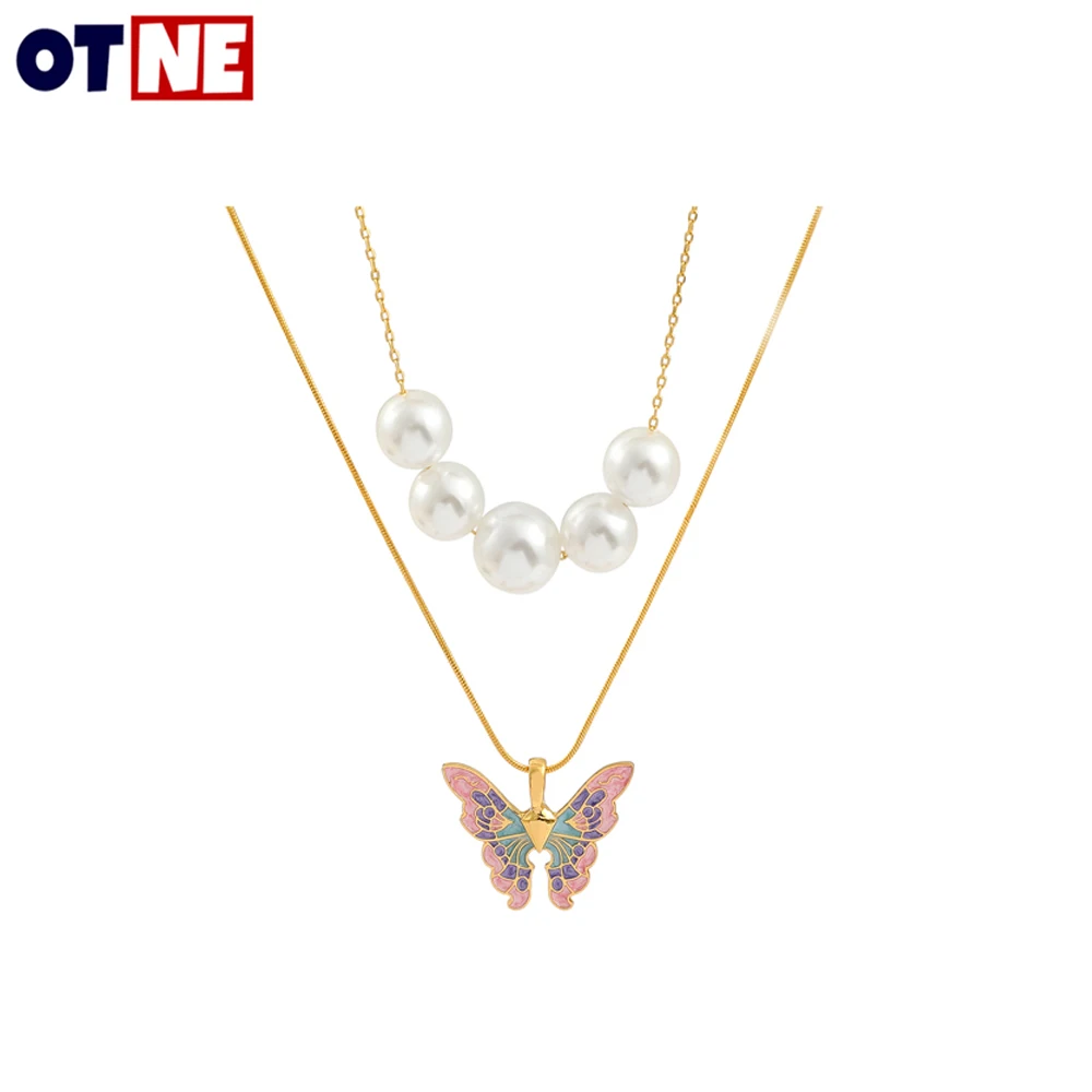 

Vintage Fashion Women Butterfly Necklaces Thai Pop Butterfly Pearl Necklace Double Multilayer Collar Choker Jewelry Gril Gift