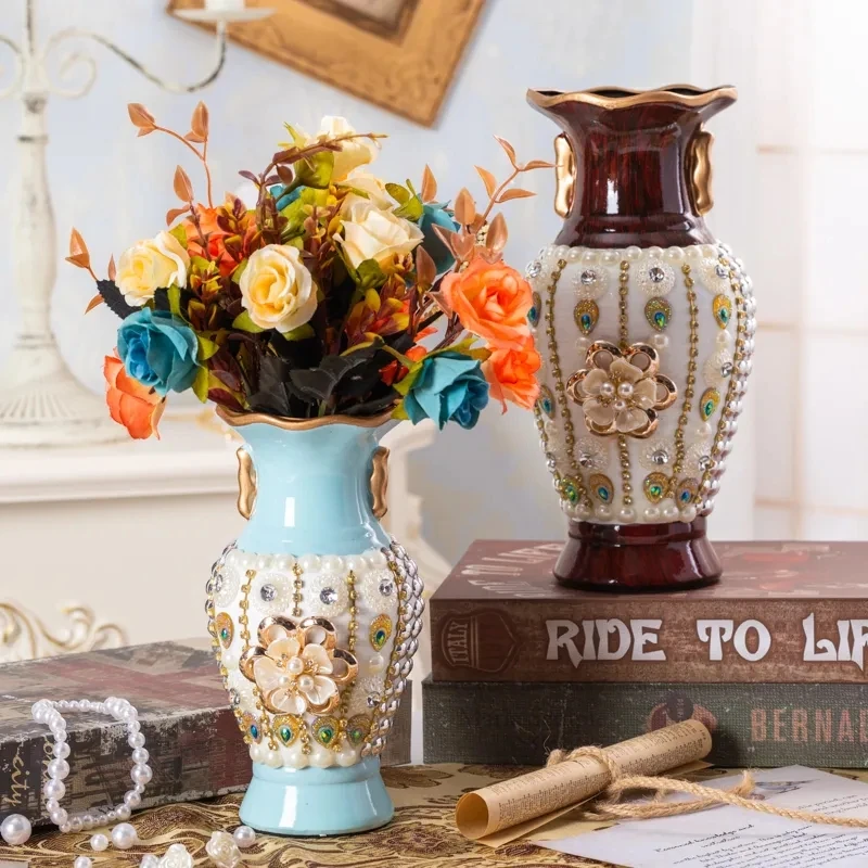 

Luxury European Ceramic Vase Stereoscopic Dried Fowers Arrangement Wobble Plate Living Room Entrance Ornaments Home Decorations