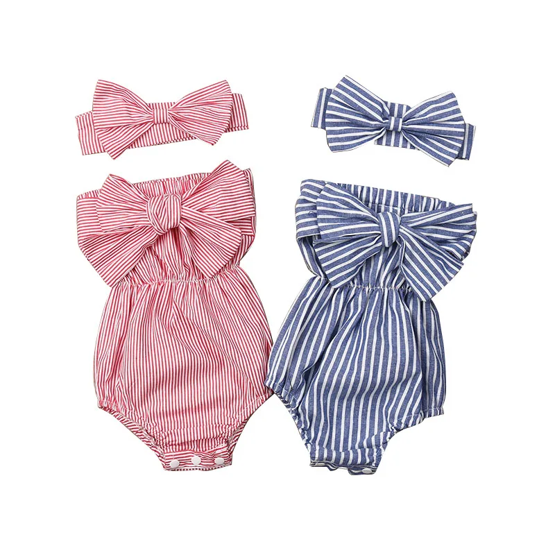 

The Soft And Fashion Big Bow-knot Striped Knitted Toddler Baby Girl Sleeveless Summer Romper With Bow-knot Hairband Clothing Set