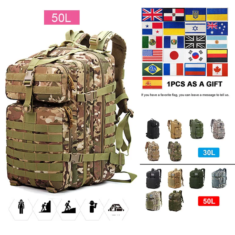 

30L/50L Large Capacity Camouflage Tactical for Men Hiking Bag Mountaineering New Portable MOLLE 3P Tactical Pack Travel Bag
