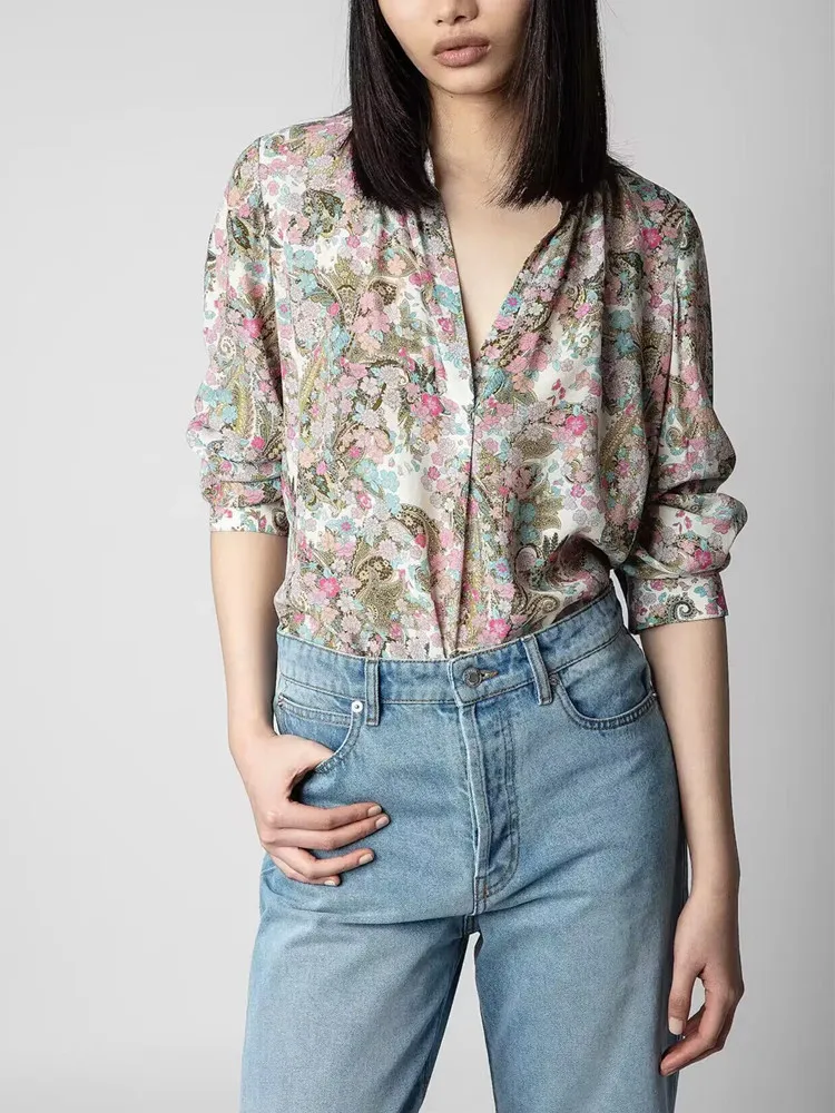 

Женская Свободная блузка с цветочным принтом, V-образным вырезом и длинным рукавом, весна-лето 2023