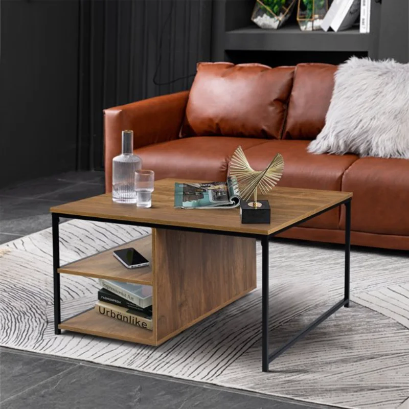 

Vintage Square Wood Coffee Table with Storage\ Metal Frame Brown Metal & Wood [US Stock]