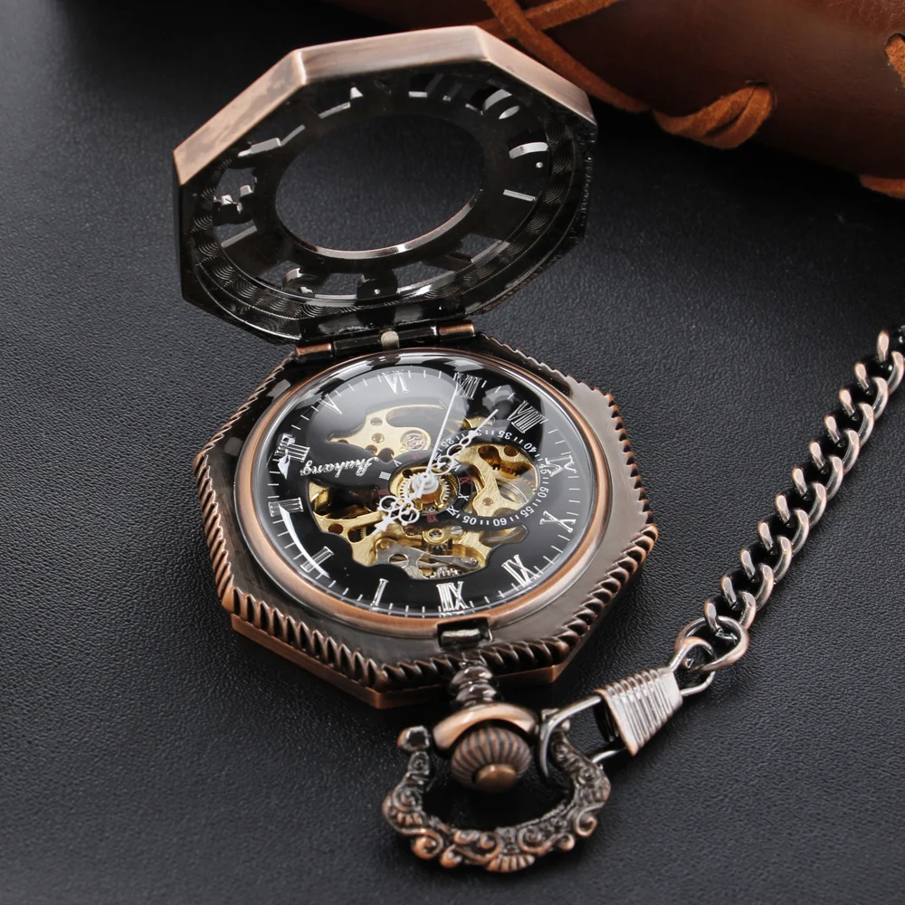 Red Antique Digital Hollow out Mechanical Pocket Watch High Quality Unisex Necklace Pendant Jewelry Gift for Men and Women