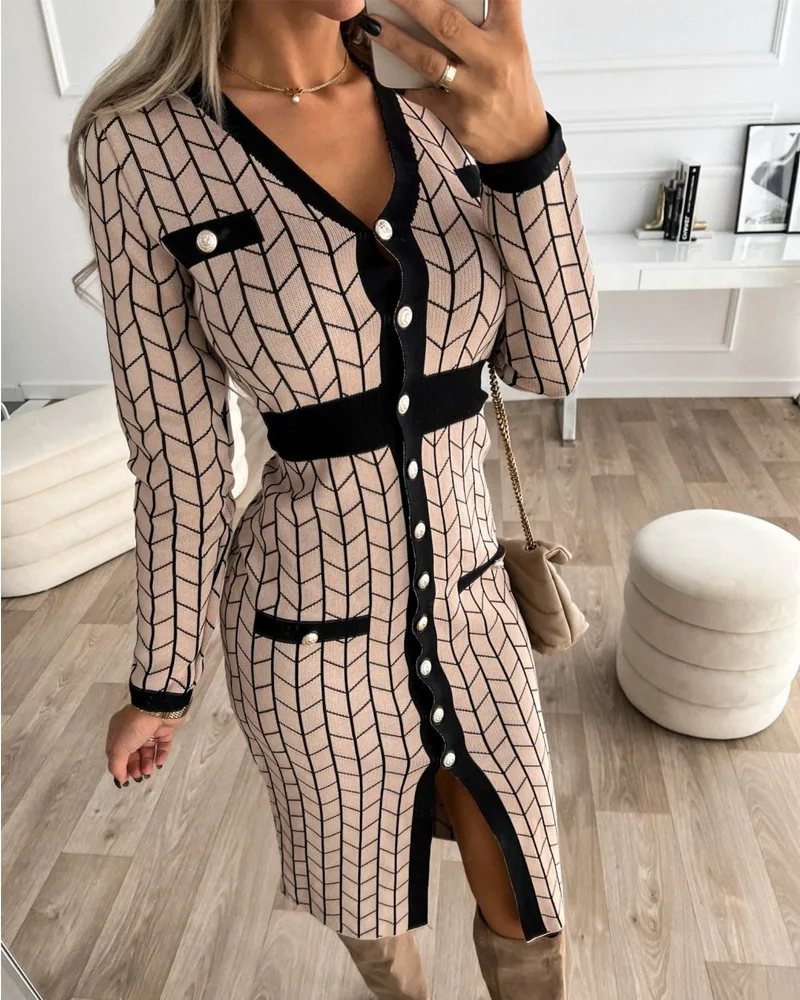 

2022 Women's Printed Long Sleeve European and American Temperament Casual Fashion Button Slim Small Fragrant Dress