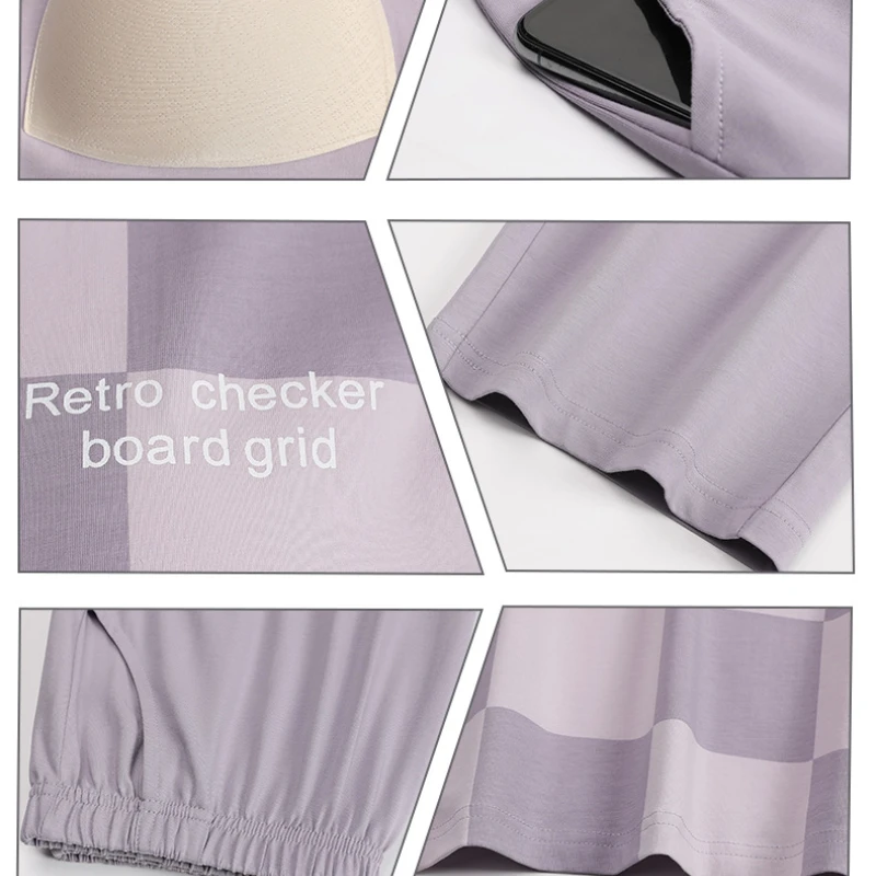 Pajamas For Women Thin Pure Cotton Cool Short-sleeved Trousers Two Piece Suit Summer Sleepwear Purple Grid Cute Style Loungewear