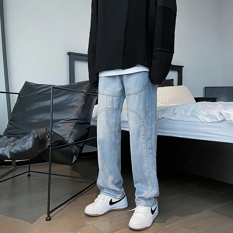 Spring and Autumn Men's Jeans Loose Wide Leg Straight Pants Hong Kong Style Casual Versatile Personality Long Pants