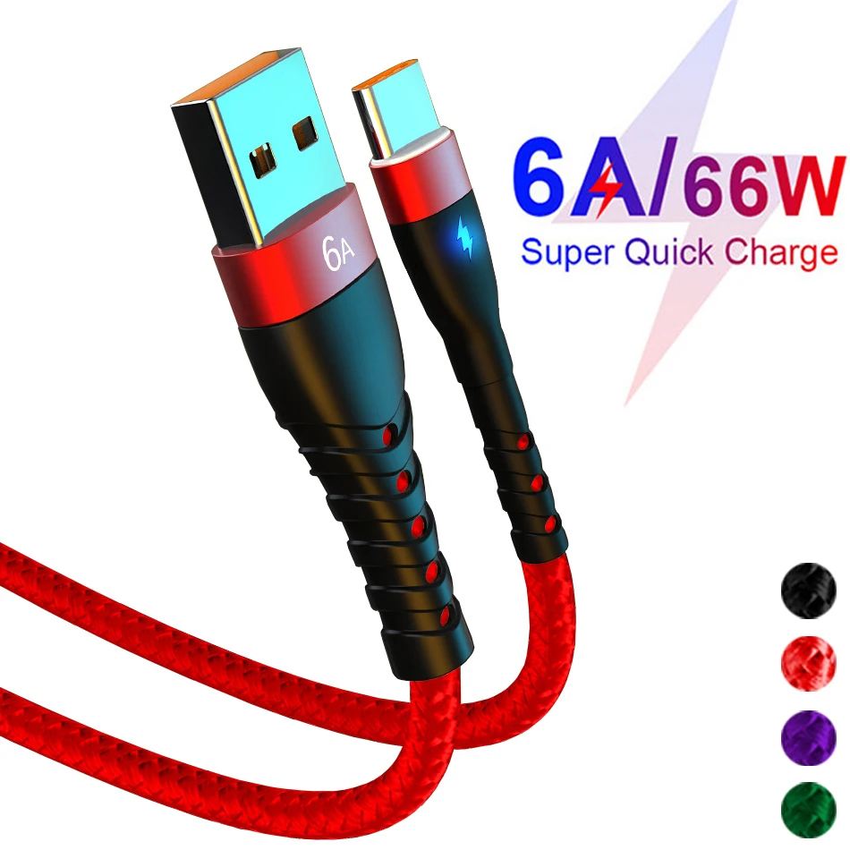 

6A 66W USB Type C Cable Fast Charging Cord For Xiaomi POCO F3 F4 Redmi Huawei Realme Oneplus Mobile Phone Charger Data Wire 1/2M