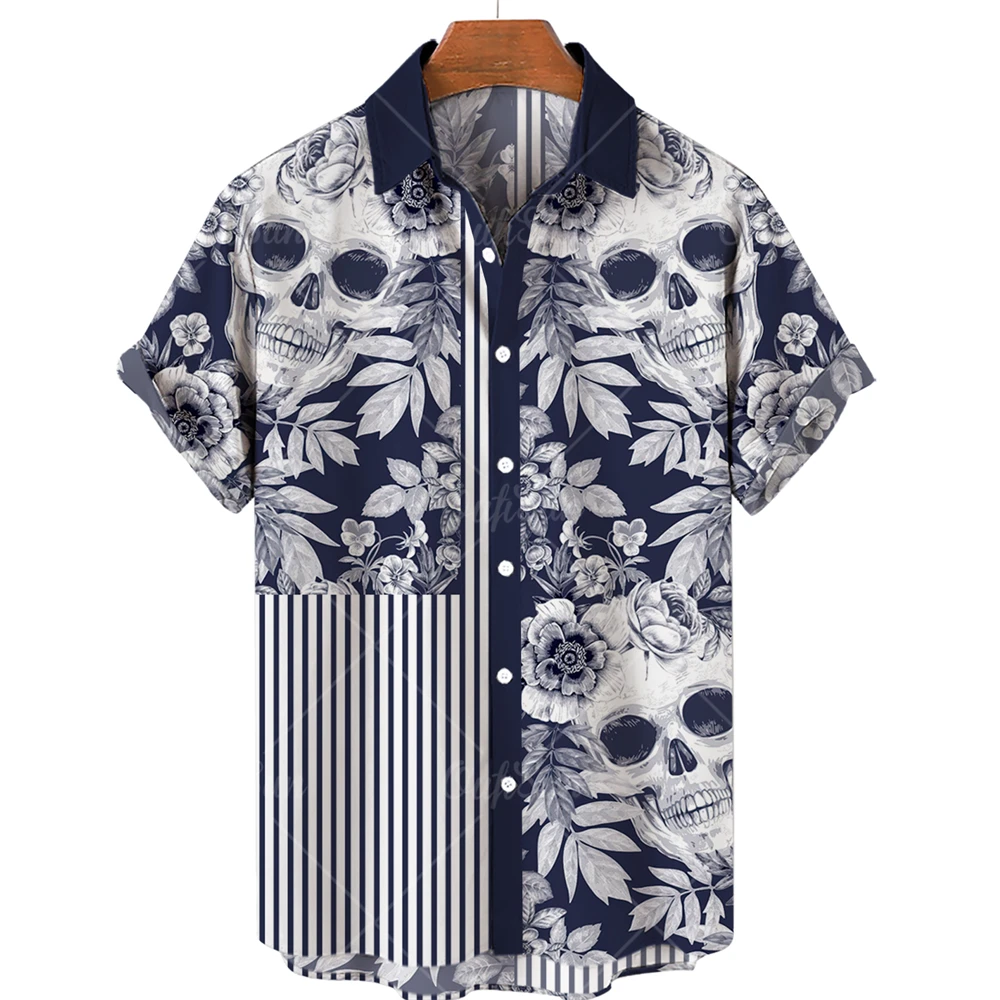 

Yaz yeni erkek bask kafatas gömlek erkekler için Vintage hawaii rahat büyük boy ksa kollu elbise Streetwear Hip Hop moda üst