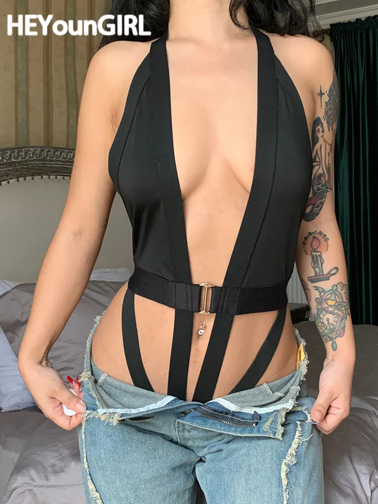 

HEYounGIRL Halter Slit V Neck Black Sexy Bodysuit Hollow Out Fashion Rave Outfits Women's Summer Club Bodysuits Backless Clothes