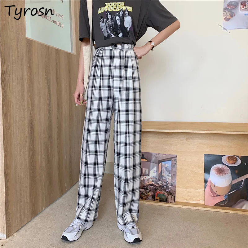 

Брюки женские повседневные в стиле ретро, универсальные клетчатые брюки с завышенной талией, мешковатые элегантные прямые штаны на пуговиц...