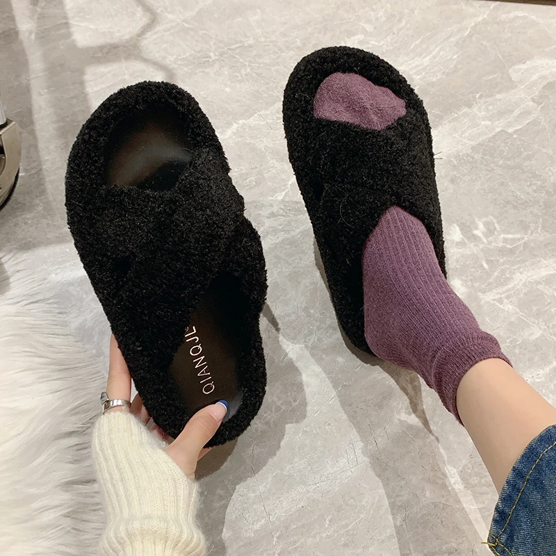 

Женские плюшевые тапочки, новинка осень-зима 2022, Модные Повседневные Плюшевые тапочки с плоской подошвой и круглым носком