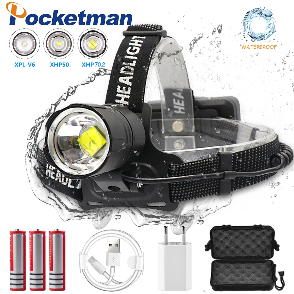 

High Lumens XHP70.2/XHP50/V6 LED Headlamp 18650 Rechargeable Headlight Waterproof Zoom Head Lamp for Camping Hiking Emergency