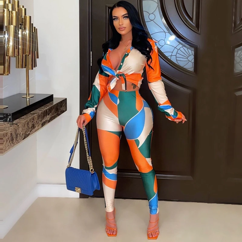 

Sexy Two Piece Set Women Fall Print Long Sleeve Shirt Crop Top High Waist Pants Sets Casual Vintage Club Streetwear Wholesale