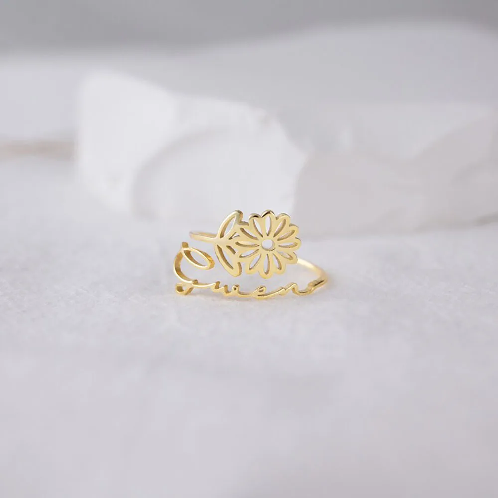 

GoldButterfly Birth Flower Name Ring in Gold Silver Rose Gold Dainty Handmade Personalized Custom Gold Ring Personalized Gifts