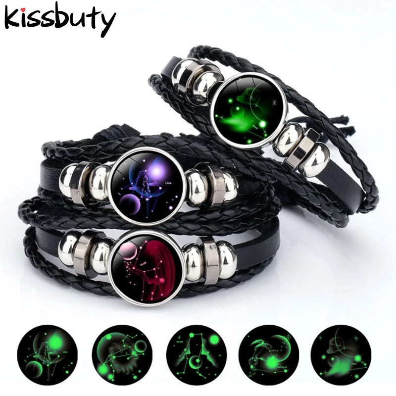New Handmade Luminous 12 Constellation Zodiac Print Leather Bracelets Glass Snap Buttons Bracelet Bangle for Woman Men Jewelry