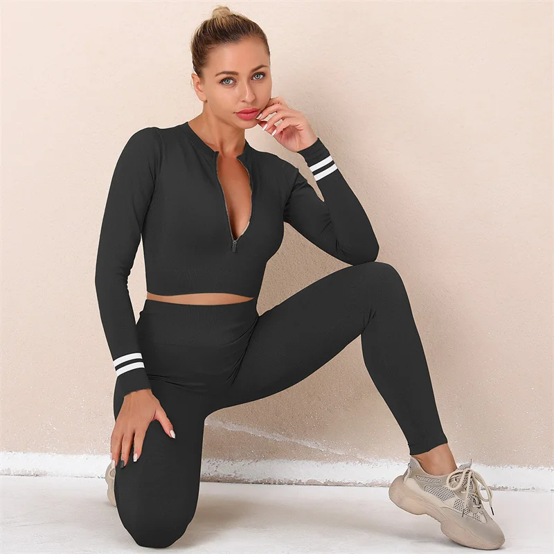 

New Zipper Striped Yoga Set Women Gym Clothes Autumn Sports Long Sleeve Naked High Waist Fitness Pant Sport Suits Yoga 2 Pcs Set