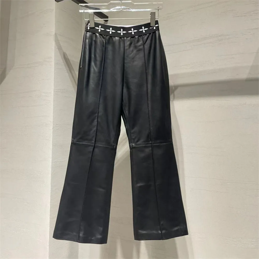 2022 Autumn Winter Chic Women High Quality Sheepskin High-rise Genuine Leather Pants A596