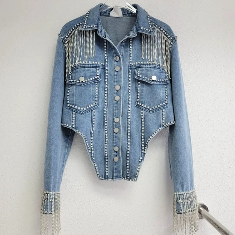 

Тяжелая промышленная джинсовая куртка с кисточками и бриллиантовой цепью, Женская Осенняя коллекция 2023, новая нишевая Дизайнерская куртка, приталенная куртка, трендовая верхняя одежда