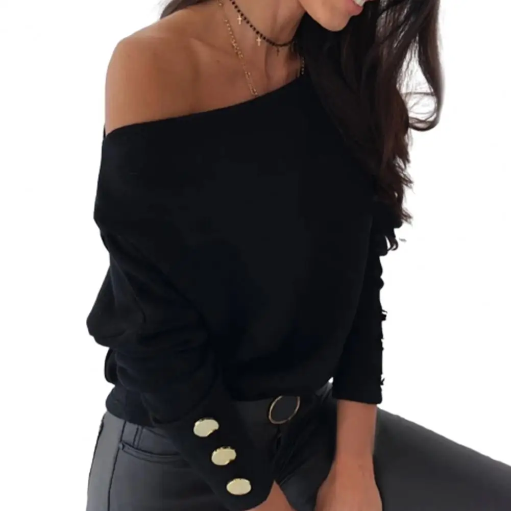 

Pullover Women Blouse Long Sleeve Buttons Cuffs Loose Fit Office Ladies Elegant Off Shoulder Autumn Women Top 2022 Streetwear