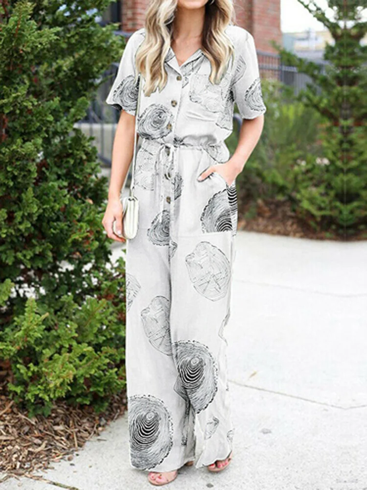 Women Fashion Pattern Print Party Shirt Jumpsuit Summer Casual Short Sleeve Straigth Romper Sexy Tie-up Waist Pocket Overalls