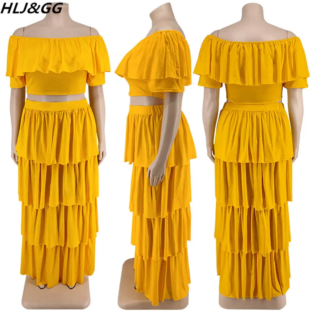 HLJ&GG Sexy Off Shoulder Ruffles Two Piece Sets Plus Size Women Clothing XL-5XL Casual Short Sleeve Crop Top And Skirts Outfits