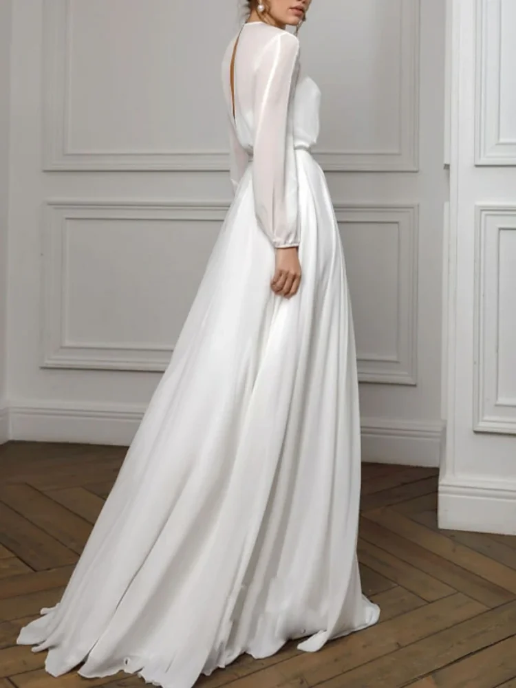 

A-Line Evening Gown Holiday Floor Length Long Sleeve Illusion Neck Chiffon with Pleats Prom Party Dresses