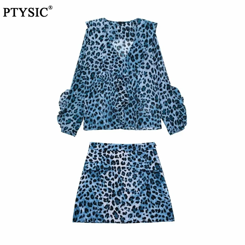 

PTYSIC Women Elegant Blue Ruffled Animal Print Top High Waist Straight Skirts Set Summer For Female Streetwear