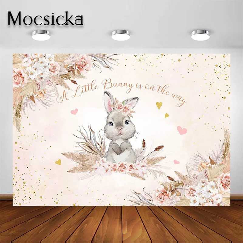

Mocsicka Easter Baby Shower Backdrop for Girls Pink Cute Bunny Is On The Way Background Kids Portrait Photo Studio Props Banner