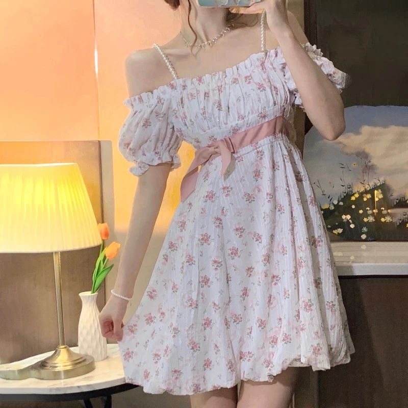 

Floral Strap Fairy Dress Women French Sweet Princess Holiday Party Dress Female 2021 Summer Casual Beach Sexy Mini Dress Korean