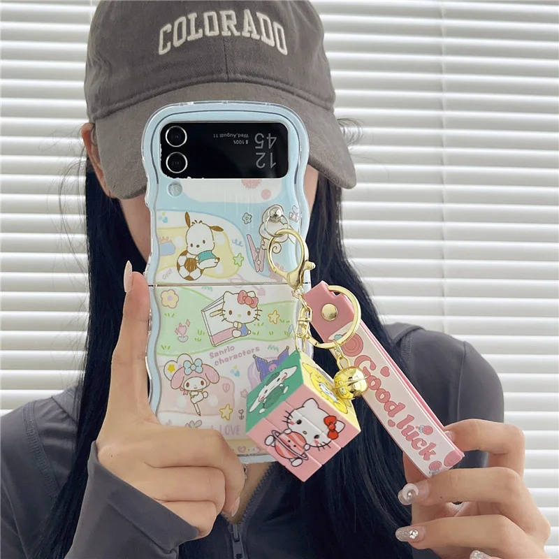 

Cute Sanrio Phone Case With Pendant Hello Kitty With Lanyard Rubik cube pendant Phone Case for Samsung Galaxy Z Flip 3 Z Flip 4