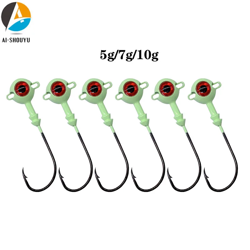 

AI-SHOUYU Jig Head Hook 5pcs/lot 5g/7g/10g Lead Head Lure Hook 3D Eyes Jigging Luminous Fishing Tackle Fishing Hooks