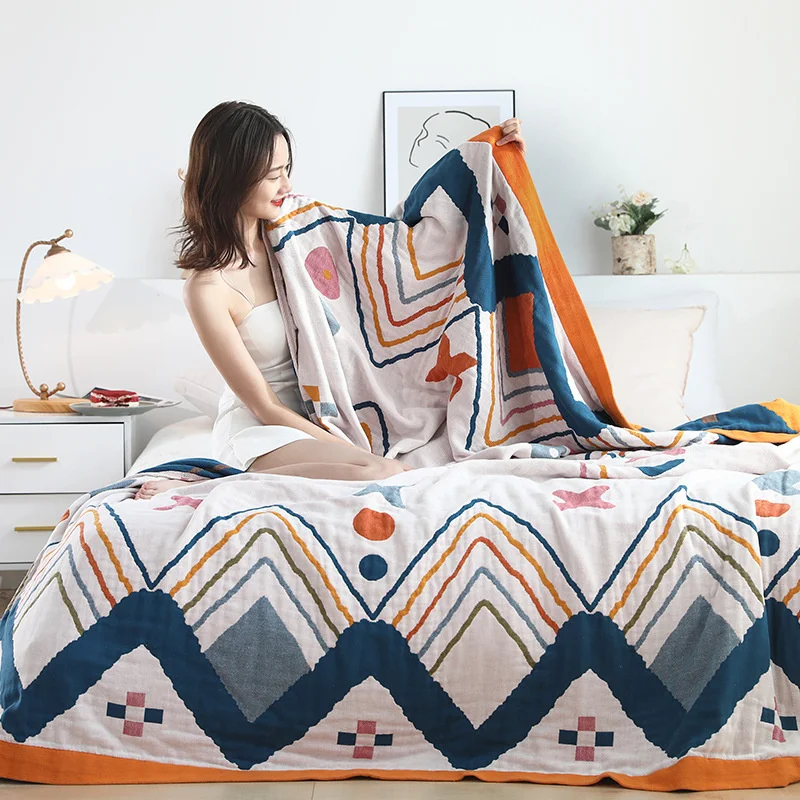 

Хлопковое одеяло в скандинавском стиле для отдыха, пятислойное Марлевое геометрическое полотенце для дивана, летнее, весеннее, однослойное...