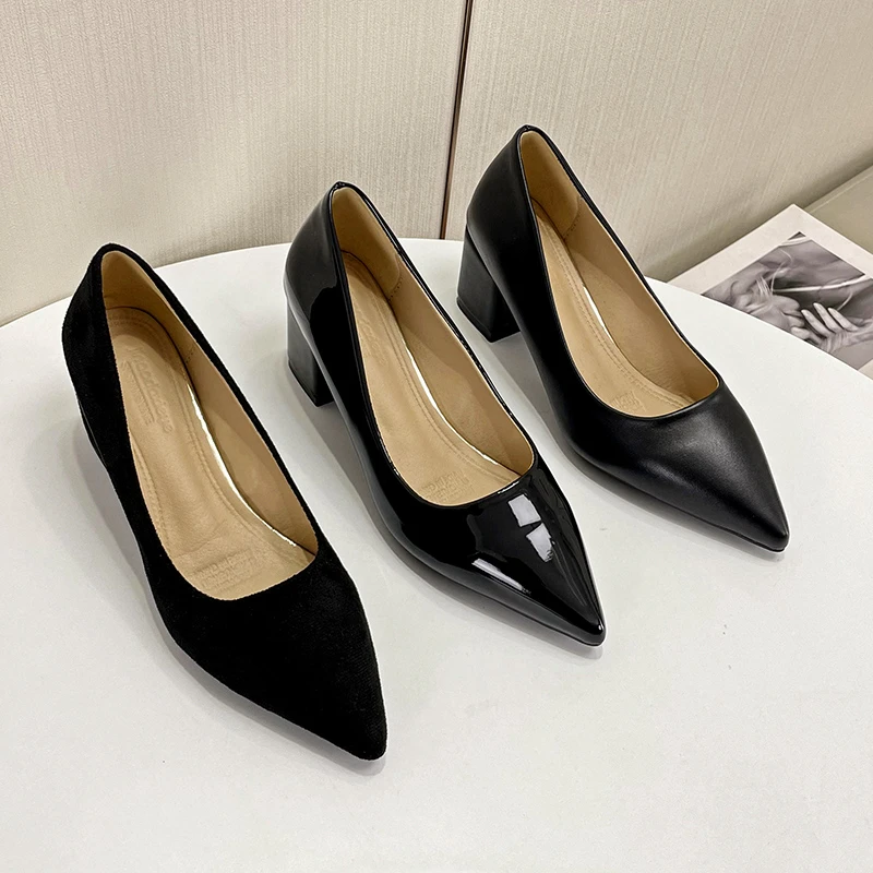 

Новинка весна-осень 2023, модные женские туфли на высоком каблуке с острым носком на толстой подошве, профессиональные женские туфли на высок...