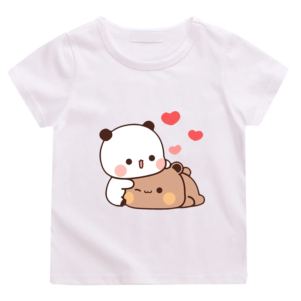 

Футболка с мультипликационным изображением панды медведя Бубу и Дуду, детские летние топы из 100% хлопка для девочек, футболки с милым рисунком Ullzang, футболки для мальчиков с круглым вырезом и аниме