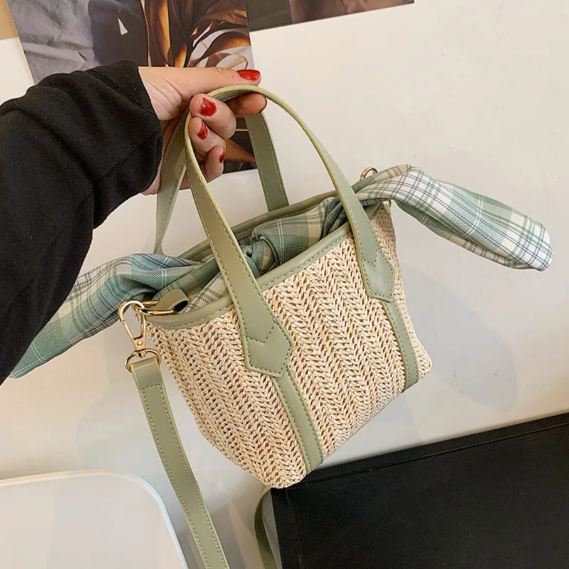 

Casual Straw Women Handbags Handmade Striped Bow Shoulder Bags Pu Leather Patchwork Summer Beach Crossbody Bag Small Tote Purses