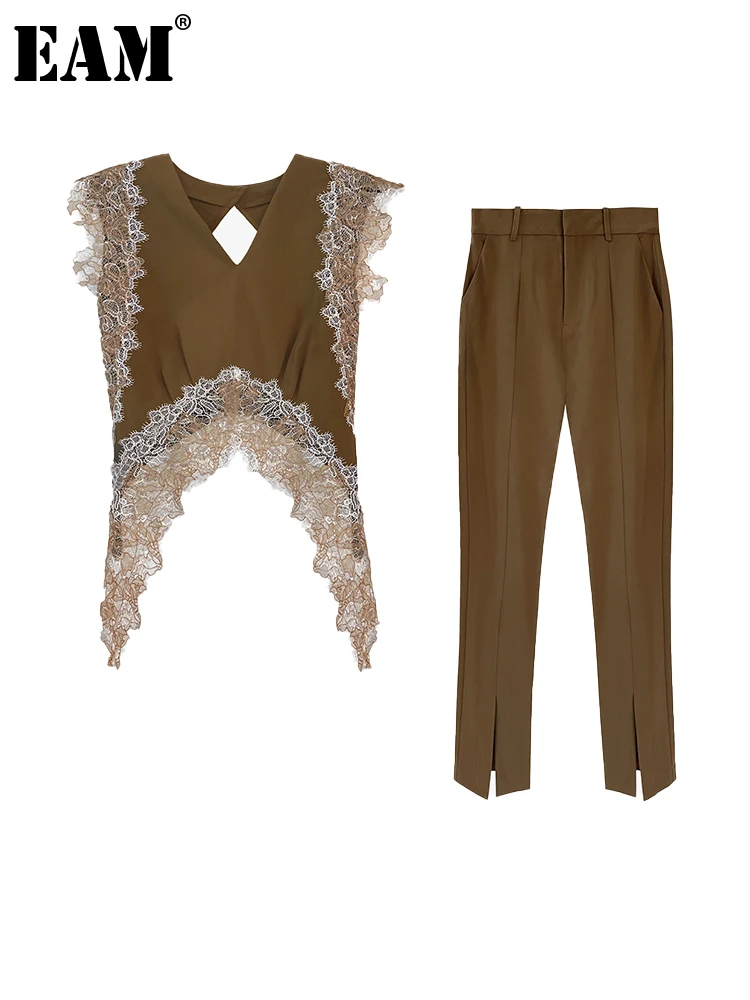 

[EAM] Pants Brown Lace Irregular Backless Two Piece Suit New V-Neck Long Sleeve Women Fashion Tide Spring Autumn 2023 1DE9811