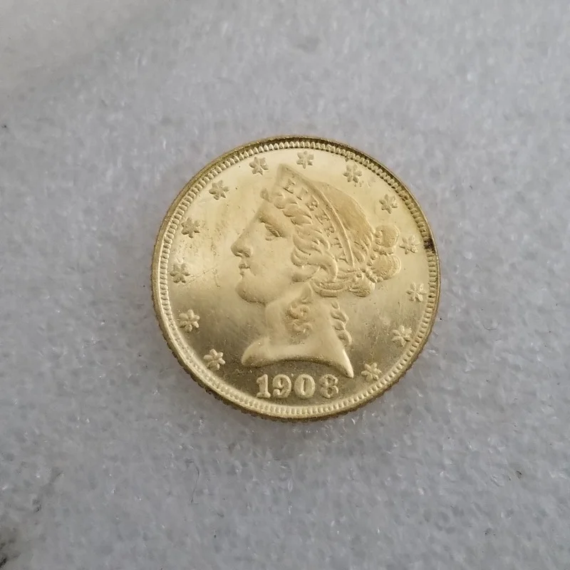 

American 1908 5 Dollars Brass Gold-plated Commemorative Collectible Coin Gift Lucky Challenge Coin