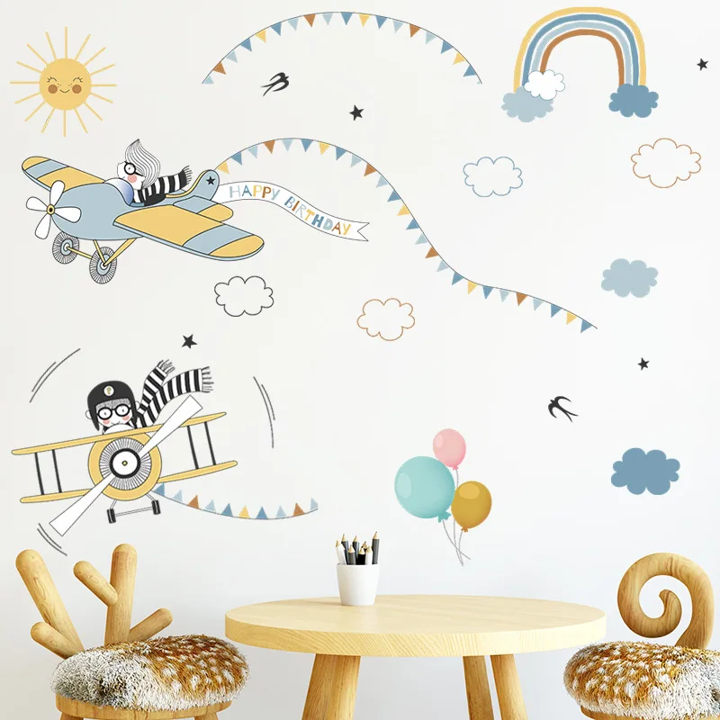 

Cartoon Plane Ribbons Clouds Wall Stickers for Kids Rooms Nursery Baby Childrens Bedroom Vinyl Removable Wall Decals Home Decor