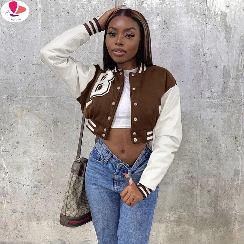 

APIPEE Brown Baseball Fashion Fall Jackets For Women Patchwork Button Black Crop Top Jackets Coats Red Varsity Bomber Jacket