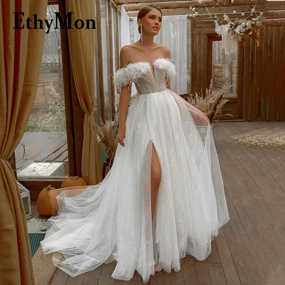 

Ethymon Sparkly Feathers Wedding Dresses For 2023 Bride Court Train Slit A-LINE Boat Neck Beadings Custom Made Robe De Mariée