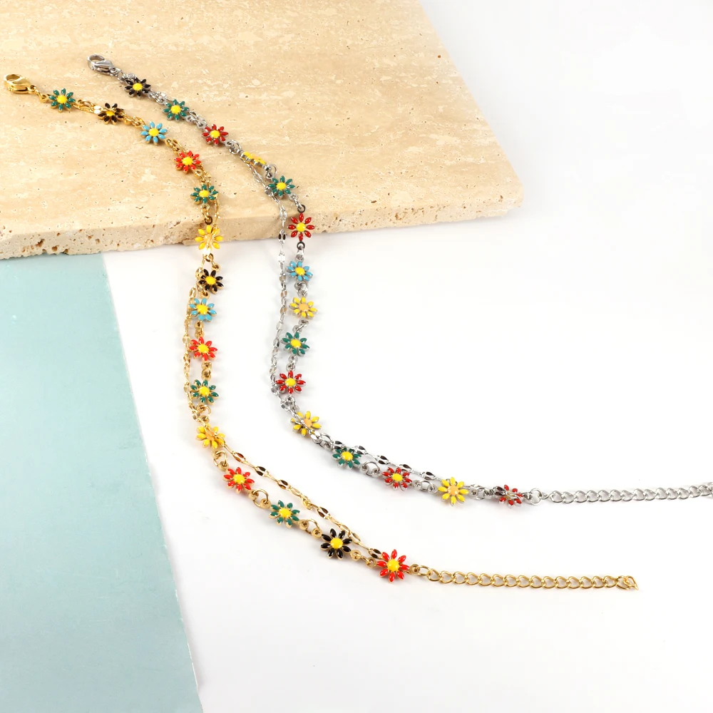 Summer Beach Ankle Bracelets Stainless Steel Double Chain Daisy Flower Charm Ankle foot Chain for Women Girls Jewelry Gifts