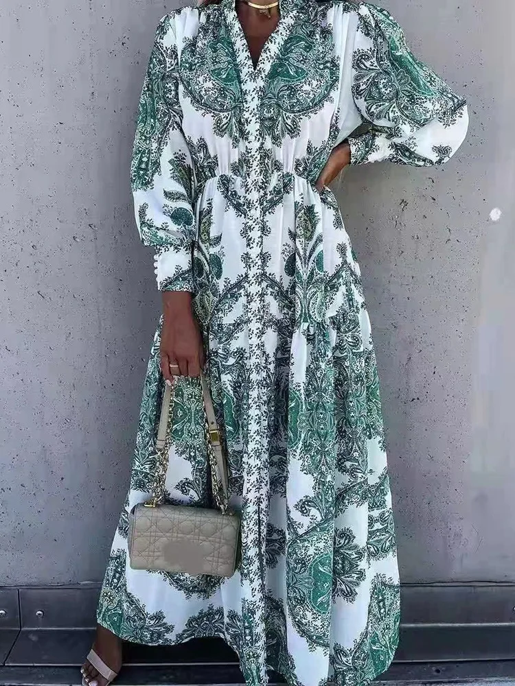 

Women's Dress Fashion Print Long V-Neck Long Sleeve Single Breasted Leisure Vacation Long Dresses Women