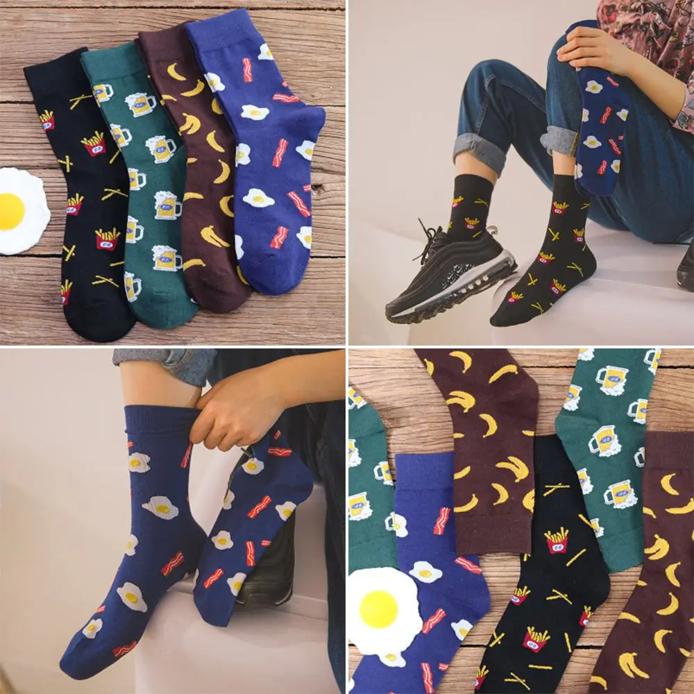 

Unisex Summer Travelling Socks Snack Pattern Happy Socks Cotton Breathable Tube Socks Fried Beer Egg Kawaii Harajuku Skateboard