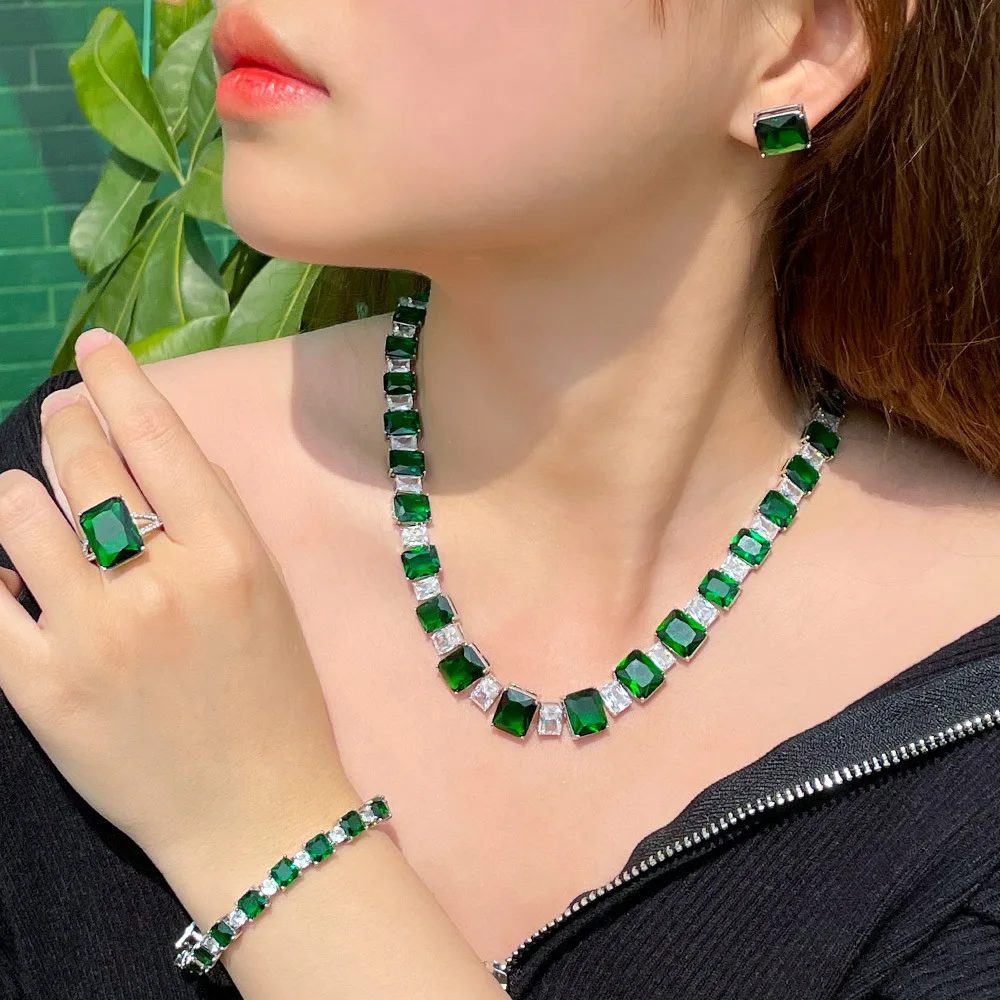 

Bridal Zircon Necklace Earrings Bracelet Ring Four Piece Set Jewelry for Women