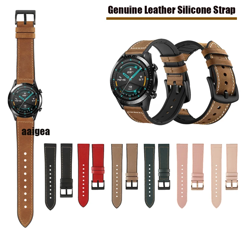 

20mm 22mm Watchbands For Huawei Watch GT2 Pro GT3 46mm 42mm GT 2e / Honor Magic Genuine Leather Silicone Strap