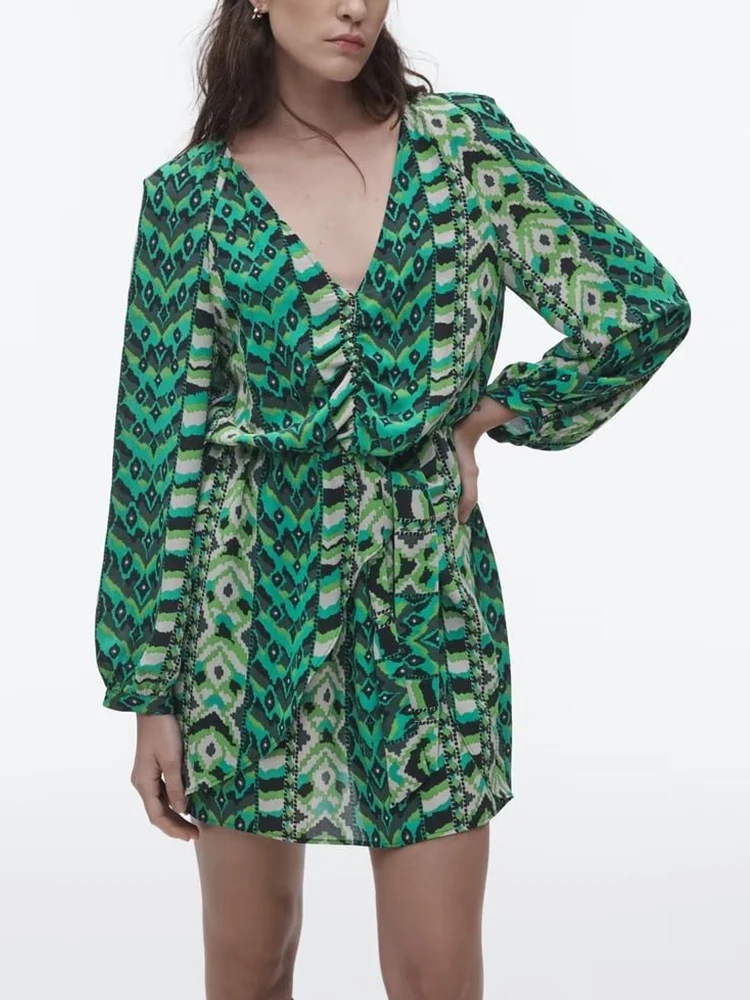 

Мини-платье женское с оборками, модное винтажное с длинным рукавом, поясом на резинке, с принтом